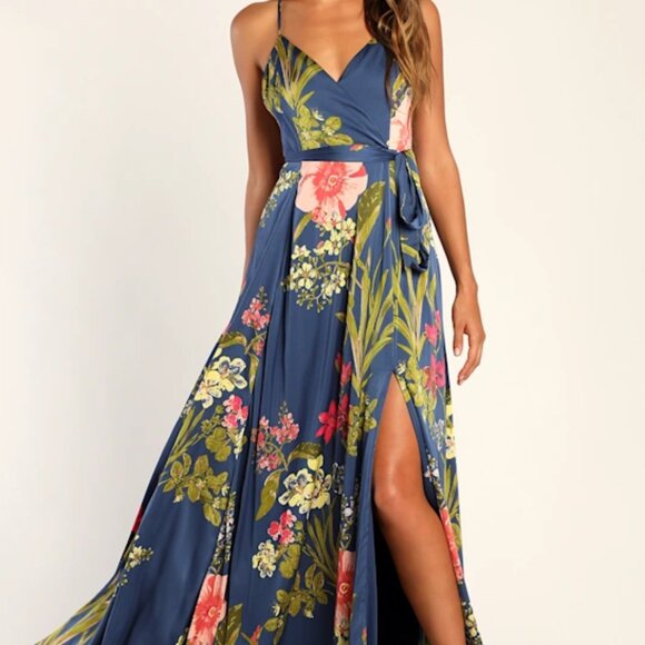 Lulus Still The One Blue Floral Print Satin Maxi Dress - Size S - Picture 4 of 6
